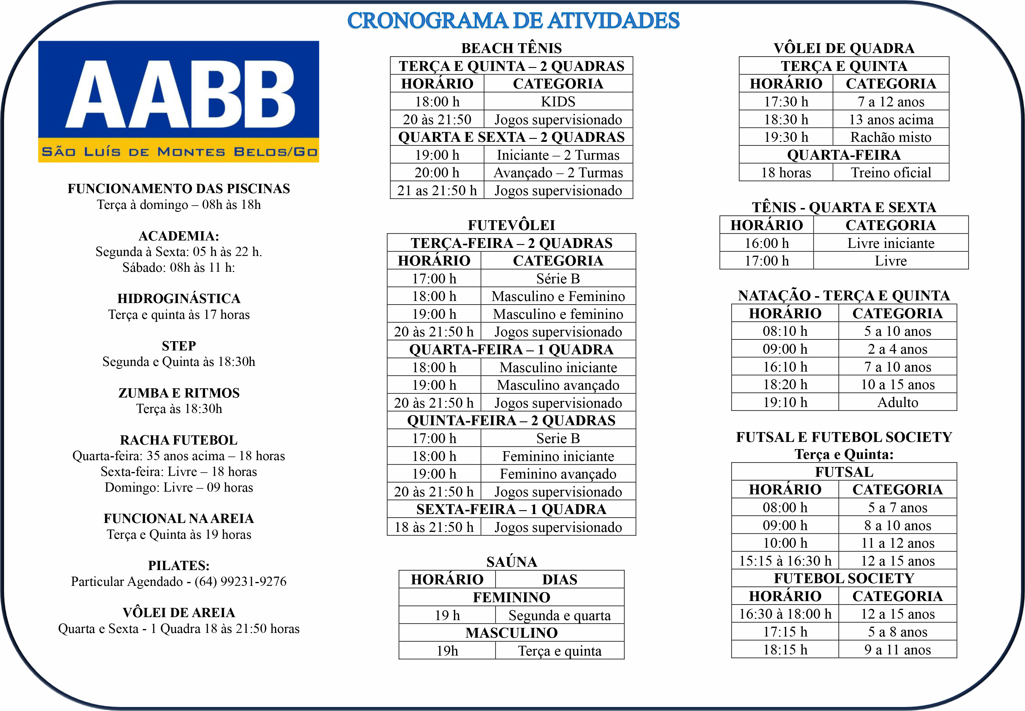 Cronograma de atividades da AABB São Luís de Montes Belos